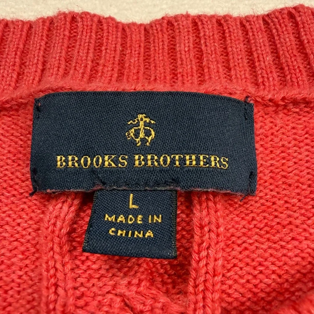 Brooks Brothers Mens Large Coral Pink Cable Knit Cotton Crewneck Sweater 42224